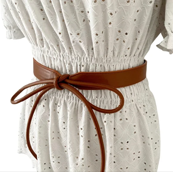 Minimalist Skinny brown boho faux leather waist Obi self tie wrap belt festival - Picture 5 of 9